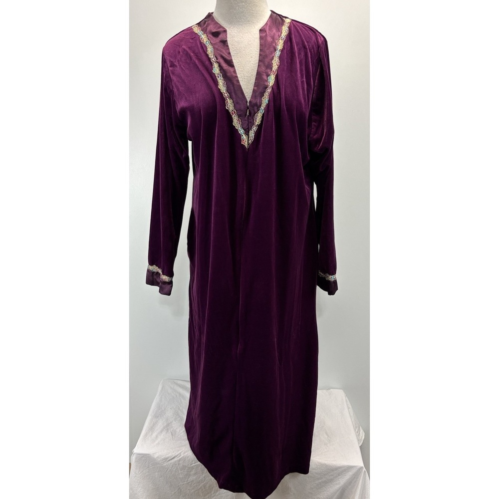 Vtg Cinema Etoile Velvet Robe House Dress Women's S Purple Zip Caftan Mumu 90s